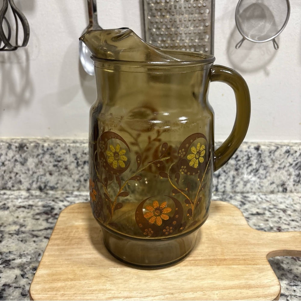 Libbey Amber Glass Pitcher Vintage - Country Garden Daisy - Ice Lip Spout